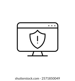 Desktop computer with security alert on screen. Digital presence protection, urgent action reminder. Pixel perfect vector icon