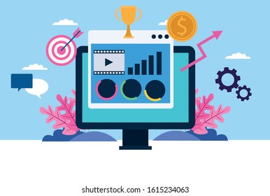 desktop computer with set business icons vector illustration design