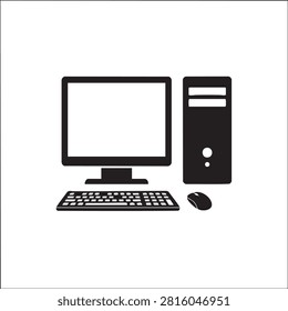 Desktop computer set icon in simple flat black style featuring computer monitor tower system unit wired keyboard and ergonomic mouse isolated on white background representing information technology hardware equipment for office workspace professional business computing or digital literacy concepts.