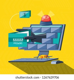 desktop computer with set icons cyber security