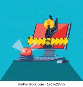 desktop computer with set icons cyber security