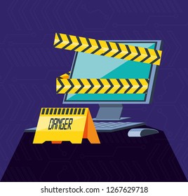 desktop computer with set icons cyber security