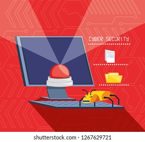 desktop computer with set icons cyber security