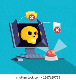 desktop computer with set icons cyber security