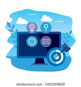 desktop computer with set icons and target