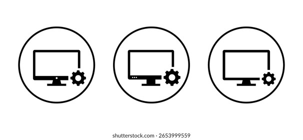 Desktop computer with settings gear. PC system control and technical setup concept in circular outline