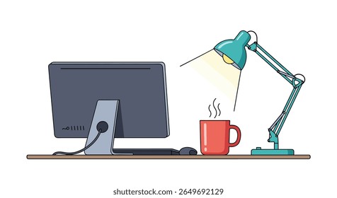 Um computador de mesa configurado em uma mesa com uma lâmpada acesa e uma caneca de café a vapor perfeito para uma ilustração de espaço de trabalho
