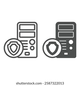 Desktop computer with shield line and solid icon, data protection concept. Vector graphics. System unit box sign on white background, outline style icon for mobile or web design