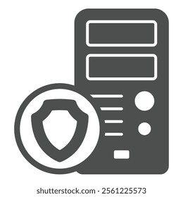 Desktop computer with shield solid icon, data protection concept. Vector graphics. System unit box sign on white background, glyph style icon for mobile or web design