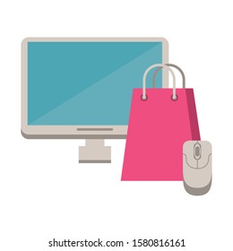 desktop computer with shopping bag and mouse vector illustration design