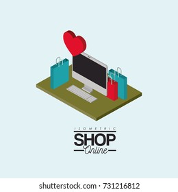 desktop computer and shopping bags over green floor with heart on top colorful poster isometric shop online vector illustration