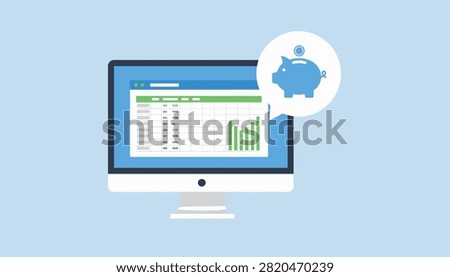 Desktop computer showing financial spreadsheet and piggy bank icon in speech bubble.