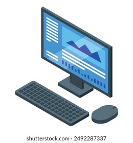 Desktop computer showing statistical data on its monitor, accompanied by a keyboard and mouse, suggesting a workspace dedicated to data analysis