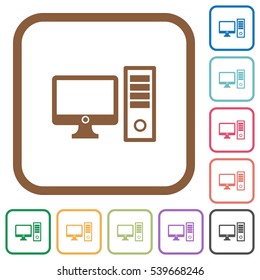 Desktop computer simple icons in color rounded square frames on white background
