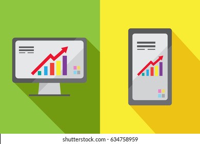  Desktop computer,  smart phone on color background 