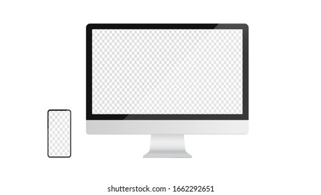 Desktop computer and smartphone with transparent screen. Monitor and screen to use as template in mockup or presentation. Realistic vector illustration.