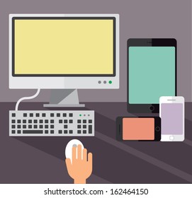 Desktop computer, smartphones and a tablet