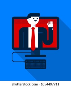 Desktop computer with smiling businessman. Communication, assistant, technologies. Modern vector illustration in colorful flat style.