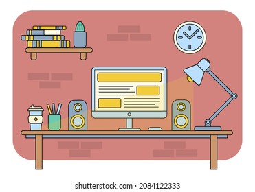 Desktop mit Computer, Lautsprechern, Kaffee, Büchern und einer Lampe