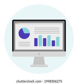 Desktop computer with statistics and data analytics layout. Data analysis, statistical or financial analytics. Vector illustration isolated.