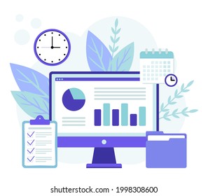 Desktop computer with statistics and data analytics layout.  Data analysis, statistical or financial analytics. Office style concept. Vector illustration isolated.