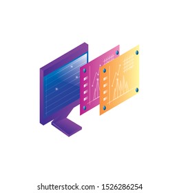 desktop computer with statistics webpage templates vector illustration design