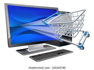 Desktop computer with super market shopping cart trolley flying out of screen, online shopping concept