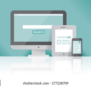 Desktop computer, tablet, mobile phone search web browser site page. Concepts: Google Chrome, Mozilla Firefox, Opera, Explorer, Bing, Internet Search services, Cross Platform Application Development