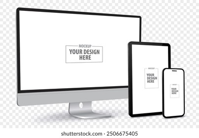 Desktop Computer, Tablet PC and Mobile Phone Screen Perspective View Mockup. Digital devices template vector illustration with transparent background.