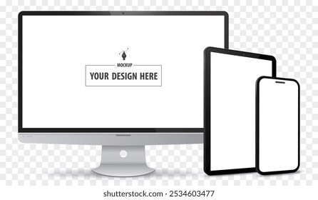 Desktop Computer, Tablet PC and Mobile Phone Screen Perspective View Mockup. Digital devices template vector illustration with transparent background.