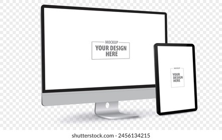 Desktop Computer and Tablet PC Screen Perspective View Mockup. Digital devices template vector illustration with transparent background.