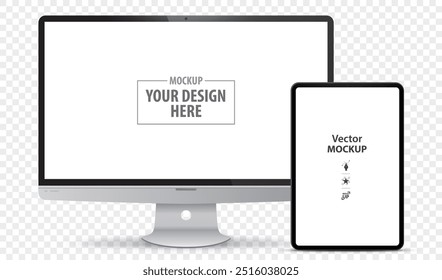 Desktop Computer and Tablet PC Screen Front View Mockup. Digital devices template vector illustration with transparent background.