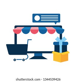 desktop computer with tent and shopping cart