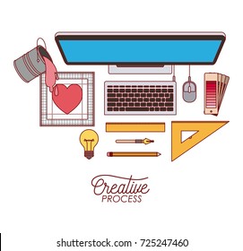 desktop computer top view creative process with elements graphic design on white background vector illustration