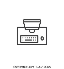 Desktop computer top view outline icon. linear style sign for mobile concept and web design. Monitor with keyboard and mouse on desk, view from above simple line vector icon. Symbol, logo illustration