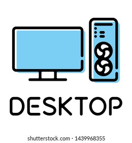 Desktop computer tower case system with monitor product type thin line style icon with text label