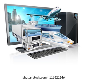 A desktop computer with truck, train, plane, and ship coming out of screen. Logistics transport or delivery concept.