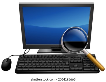 Desktop computer under a magnifying glass (cutout)