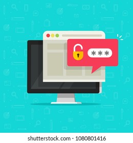 Computadora de escritorio con notificación de burbujas de contraseña desbloqueada, pantalla plana de caricatura pc con campo abierto y contraseña y página web en el navegador, concepto de privacidad de seguridad