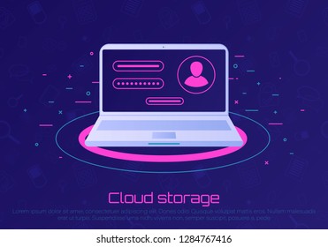 Desktop computer with unlocked password bubble notification. Cloud file storage. concept of security, personal access, user authorization, login form icon, internet protection.