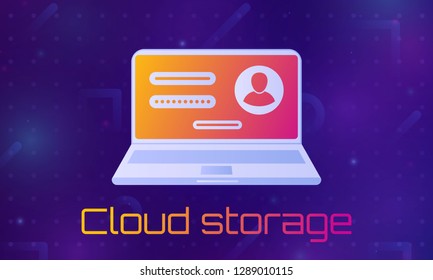 Desktop computer with unlocked password bubble notification. Cloud file storage. concept of security, personal access, user authorization, login form icon, internet protection.