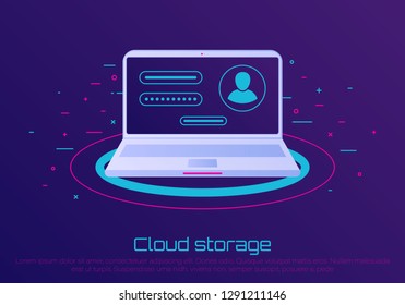Desktop computer with unlocked password bubble notification. Cloud file storage. concept of security, personal access, user authorization, login form icon, internet protection.