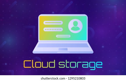 Desktop computer with unlocked password bubble notification. Cloud file storage. concept of security, personal access, user authorization, login form icon, internet protection.