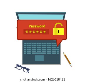 Desktop computer with unlocked password bubble notification, flat cartoon design or pc screen with open lock and password field