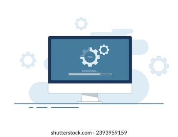 Desktop computer with update screen flat vector illustration, System maintenance, update process, install software, operating system, 