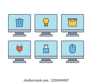 desktop computer and user interface icons set