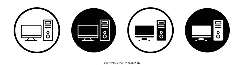 Desktop computer vector icon set black filled and outlined style.