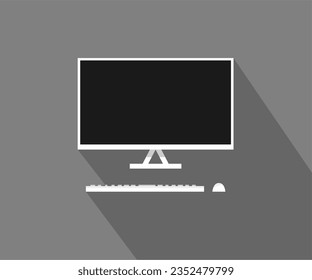 Desktop computer vector monitor, keyboard and mouse icon or illustration design for web, social media post. White and black color computer hardware.