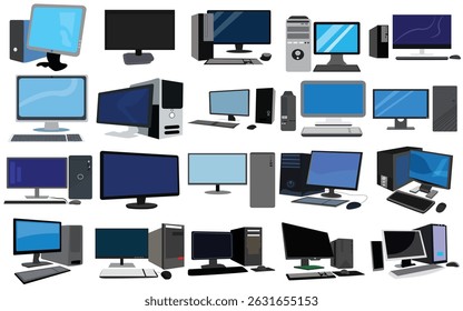 Conjunto vetorial do desktop - Ícones, monitores, estações de trabalho e elementos de tecnologia do PC