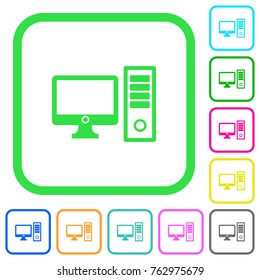 Desktop computer vivid colored flat icons in curved borders on white background
